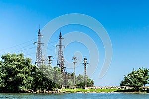 Electricity poles, wild landscape in the Danube Delta