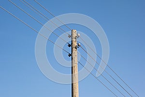 Electricity post with wire lines. Power electric distribution