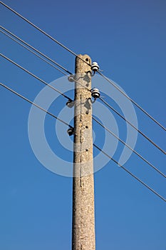 Electricity post with wire lines. Power electric distribution