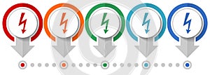 Electricity, power, energy vector icon set, flat design infographic template, set pointer concept icons in 5 color options for