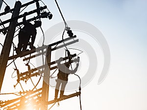 Electricity Power Line Lineman repair work Silhouette man working