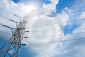 Electricity power line on sunny day blue sky cloud