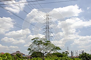 Electricity power line tower with clear blue sky background