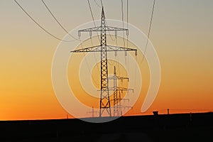 Electricity power lines in Baden Wuerttemberg at sunset, Germany