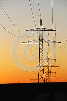 Electricity power lines in Baden Wuerttemberg at sunset, Germany