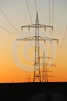 Electricity power lines in Baden Wuerttemberg at sunset, Germany