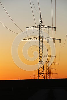 Electricity power lines in Baden Wuerttemberg at sunset, Germany