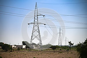 Electricity power lines connecting national power grid at Jodhpur, Rajasthan, India.