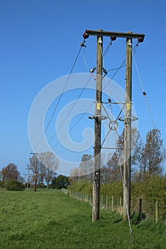 Electricity power lines in field in countryside