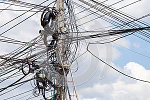 Electricity power pole with cable wire cloundy blue sky, technological combination concept