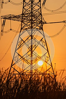 Electricity power pylons during sunset