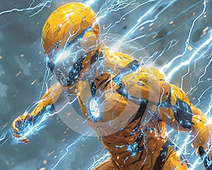 Electricity-powered superhero, illustrated with dynamic effects and bold colors