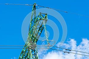 electricity pylon on the blue sky background.