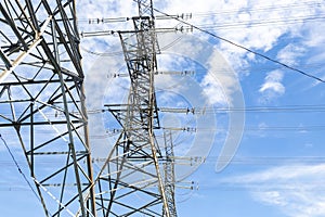 Electricity pylon - cloudy sky - low angle view