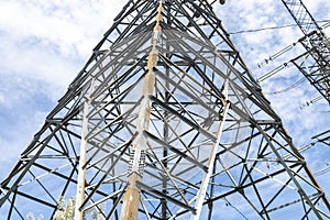 Electricity pylon - cloudy sky - low angle view