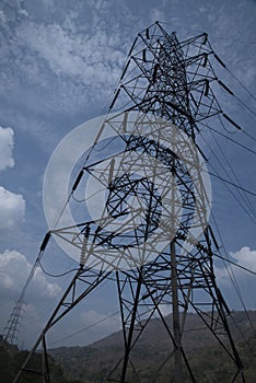 Electricity pylon or Electric pylon at the Neriamangalam Hydro Electric Project, Kerala, India