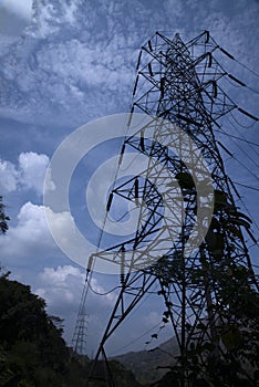 Electricity pylon or Electric pylon at the Neriamangalam Hydro Electric Project, Kerala, India