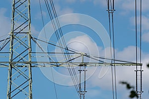 Electricity pylon for extensive free power transmission of high voltage in front of blue sky