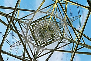 Electricity pylon in a frog`s eye view from the inside