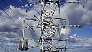 Electricity pylon high voltage power line on the background of the cloudy sky time lapse