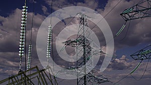 Electricity pylon high voltage power line on the background of the cloudy sky time lapse