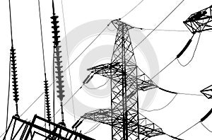 Electricity pylon high voltage power line, black contour, isolated, on a white background