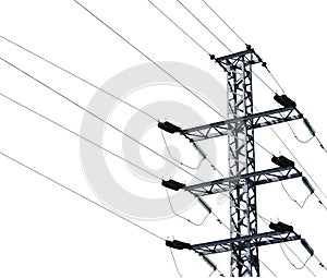 Electricity pylon high voltage power line isolated, on a white background
