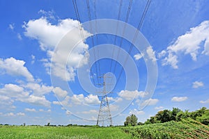 Electricity pylon of high-voltage power lines on green field with beautiful clouds on blue sky. Perspective and Landscape view