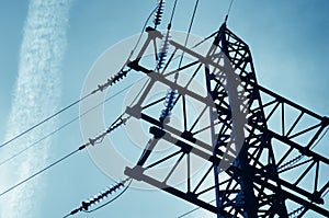 Electricity pylon with insulators and power lines