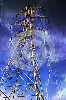 Electricity Pylon with Lightning in Background.