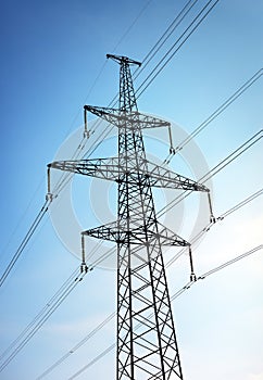 Electricity Pylon and Power Lines on Blue Sky