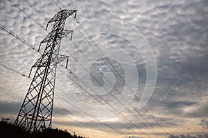 An electricity pylon taken in wide angle with heavy haze reduction.