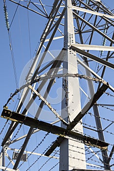 Electricity pylons against a clear blue sky on a cold winters day in staffordshire