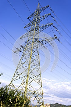 Electricity pylons with electrical wires and blue sky