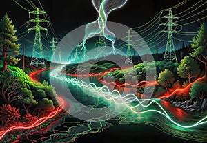 Electricity pylons in the forest at night, generative ai