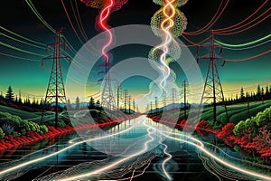 Electricity pylons in the green forest., generative ai