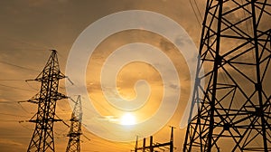 Electricity pylons and high voltage power line at sunset.