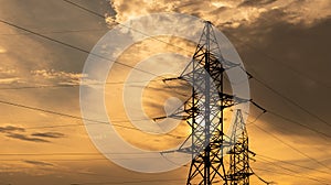 electricity pylons and high voltage power line at sunset.