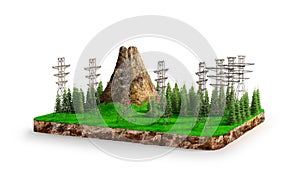 Electricity pylons. High voltage power lines on a natural land plot near mountains and forests