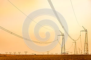 Electricity pylons in the light of the setting sun.