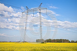 Electricity pylons and lines.