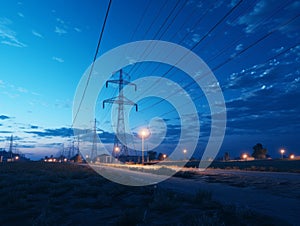 electricity pylons at night in a rural area