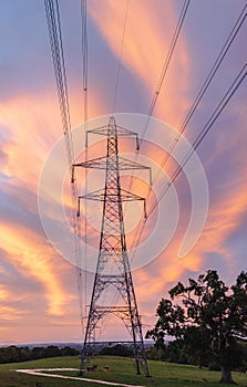 Electricity pylons at orange sunset