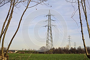 Electricity pylons and over head cables in the middle of a field framed by bare trees in the italian countryside