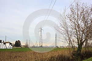 Electricity pylons and over head cables in the middle of a field framed by bare trees in the italian countryside