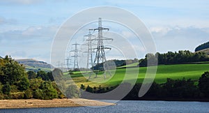 Electricity Pylons in the Peak District National Park close to Bottoms Reservoir and Hadfield Derbyshire.