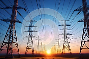 Electricity pylons and power lines against a beautiful sunset in rural landscape