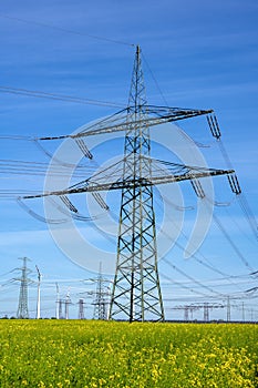 An electricity pylons, power lines and some wind turbines