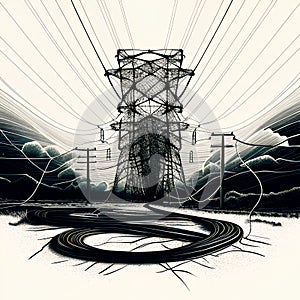 Electricity pylons on a rural landscape. Vector illustration.