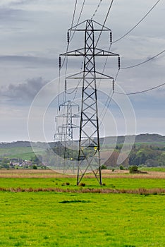 Electricity pylons stretch into the distance